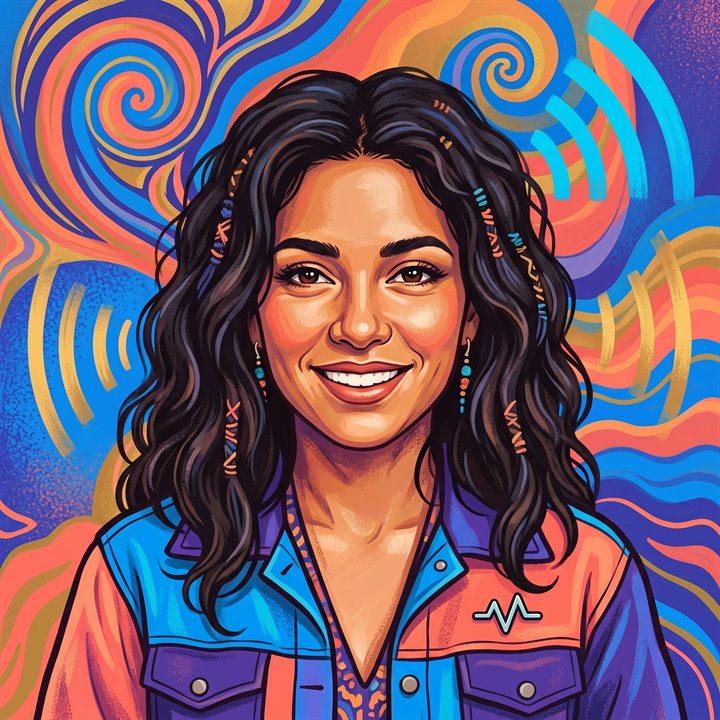 Illustrated portrait of Maya Signal Moreno, a fictional Artificial Intelligence specialist