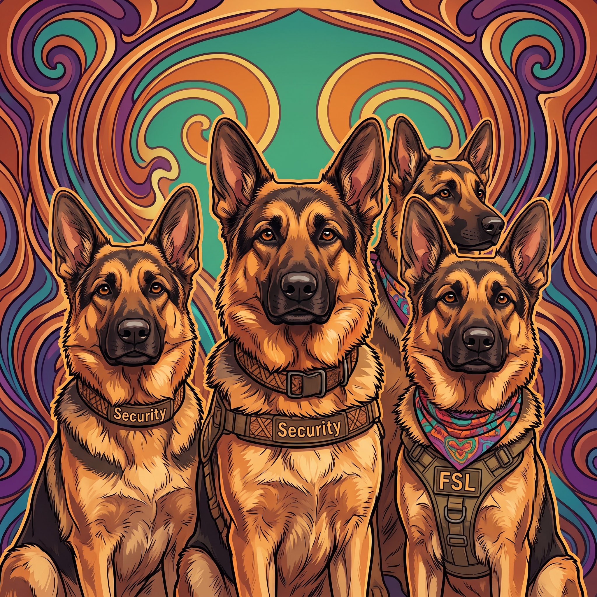 Illustrated group portrait of the FSL Security Crew and company pets